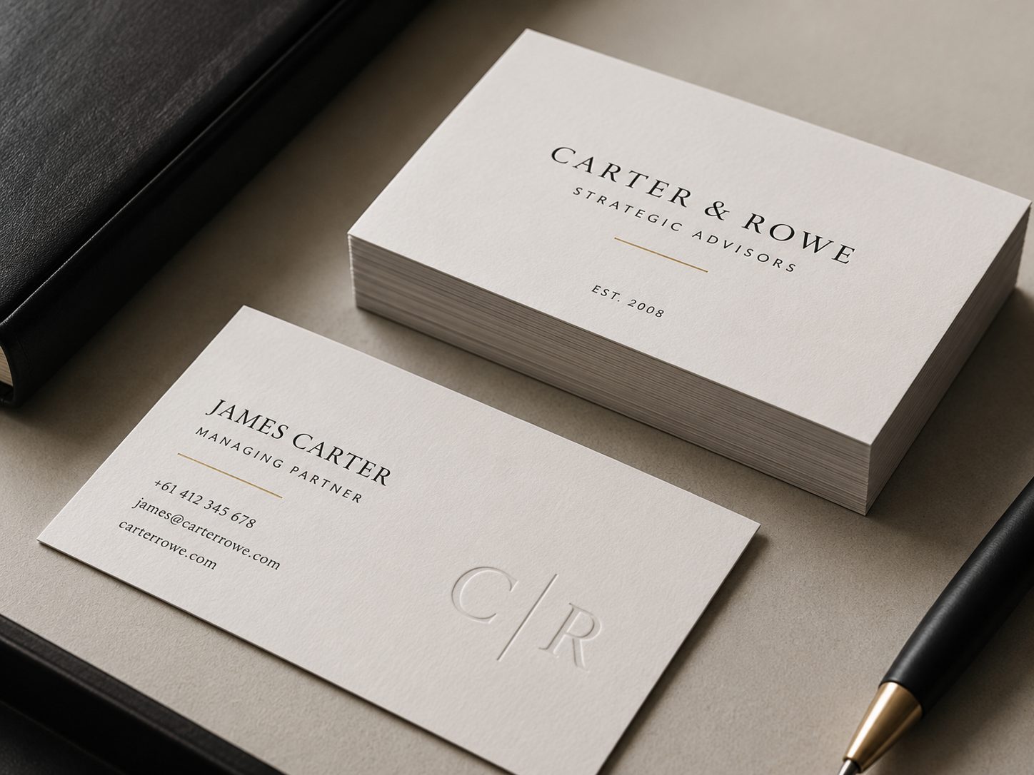 Executive business cards in restrained cotton stock