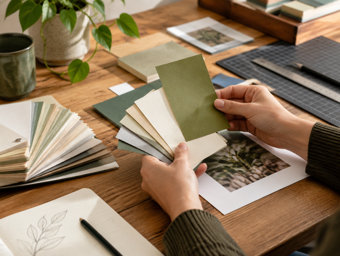 Designer comparing olive-green paper swatches
