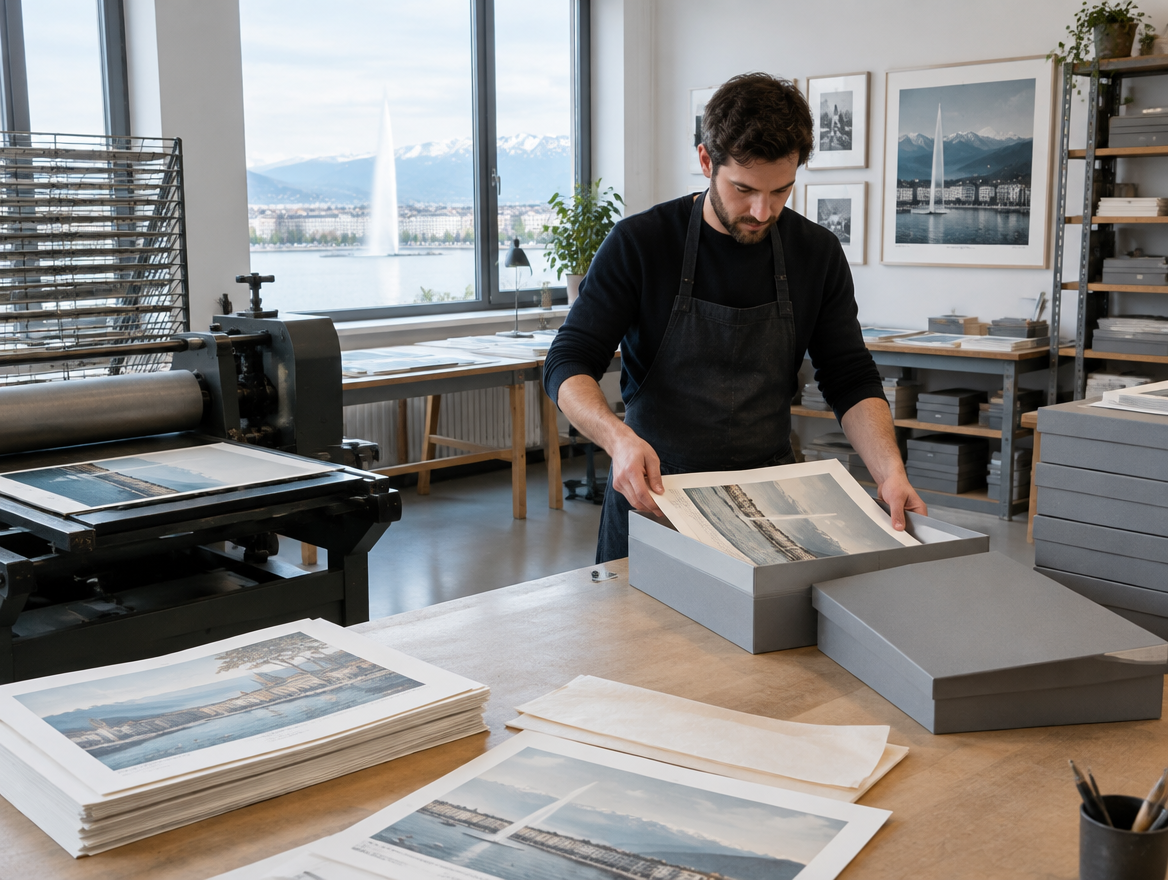 Printer packing finished proofs into an archive box