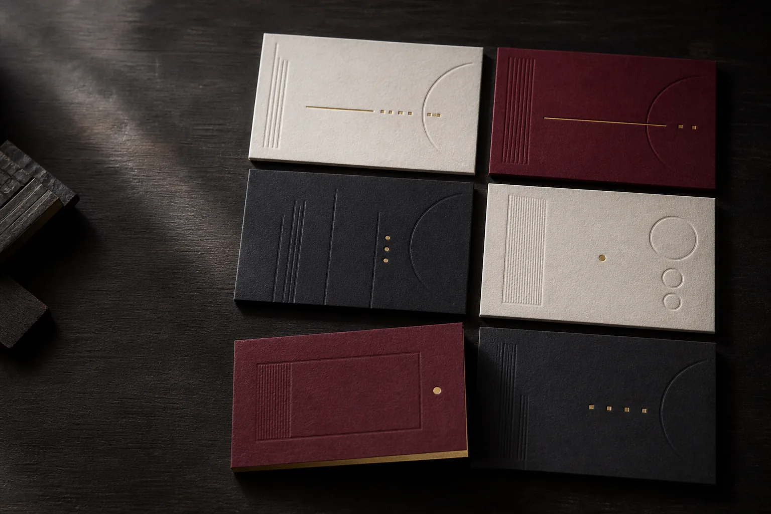 A coordinated Estienne business-card system in ivory, oxblood and charcoal